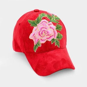 Womens Red Faux Suede Flower Patch Adj Baseball Cap Hat